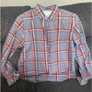 Denim & Flower Plaid Button Up Shirt Soft Colors Size L